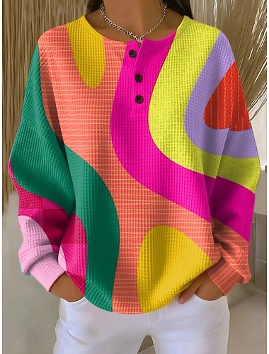  Mulheres Moletons Botões Gráfico Geométrica Bloco de cor Moda Casual Estampado Manga Longa Gola Redonda Decote Redondo Tops regulares Casual Rua Azul Rosa Laranja Verde Verão Primavera Outono