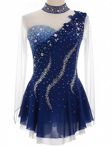  Kjole til kunstløp Dame Skøyteløp Kjoler Mørk Marineblå Lapper Tommelhull Elastisk Trening Konkurranse Skøyteklær Klassisk Krystall / Rhinstein Langermet Skøyting Kunstløp