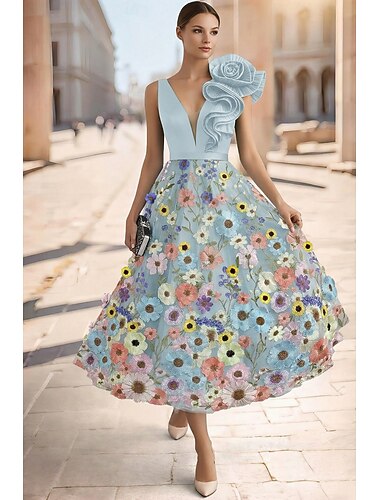  A-Linie Tee-Länge Cocktailkleider Elegant Vintage Blumen Ärmellos V Ausschnitt Gartenparty Hochzeit Tasche Satin Spitze mit Gestickte Blume Stickerei Tasche