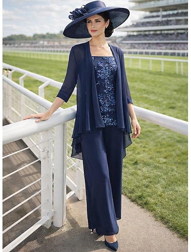  Broek 3-delig pak Tot de grond Moeder van de bruid jurk 3/4 mouw Vierkante hals Elegant Formeel Bruiloft gast Chiffon Pailletten met Pailletten Appliqués