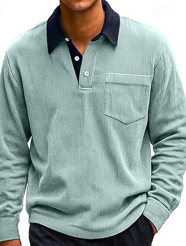  Herren Cordhemd Golfshirt Lässig Arbeit Revers Langarm Basic Modern Farbblock Knöpfe Frühling Herbst Normale Passform Blau Schwarz Weiß Rote Marineblau Orange Cordhemd