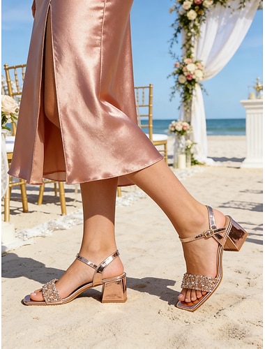  Sandales à talons carrés couleur or rose champagne pour demoiselles d'honneur – escarpins à bout carré et bride cheville métallisée, chaussures habillées à petit talon compensé et bride strass scintillante pour mariage, bal de promo et événements formels