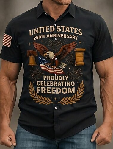  Herrar US 250-årsjubileum örn frihet skjorta knapp upp skjorta kort ärm patriotisk utomhus semester sommar vår nedvikbar 3D-print kragade skjortor svart vin mörkblå