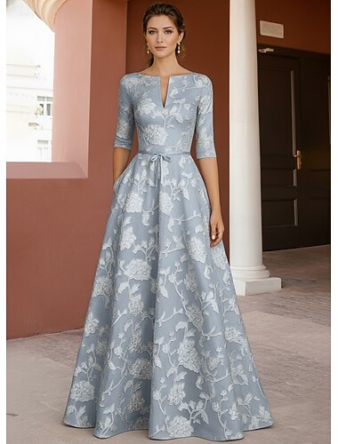  A-linje Gulvlengde Kjole til brudens mor Halvlange ermer V-hals Dronning Anne Elegant Årgang Formell Chiffon Sateng med 3D-blomster Broderi Blomst