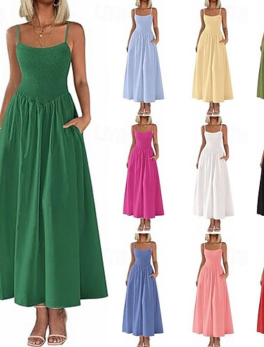  Damskie Sukienka midi Letnie sukienki Sukienka na ramiączkach Moda Nowoczesny Na zewnątrz Urlop Wyjściowe Regularny Równina Bez rękawów Paski Niebieski Czarny Biały Rumiany róż Lato Wiosna