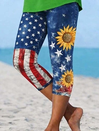  Calças Capri Patrióticas Femininas do Dia da Independência Leggings Férias Havaianas Estilo Casual Comprimento até o Joelho Gráfico da Bandeira Nacional Conforto Elástico Férias Formal Rua Azul Branco