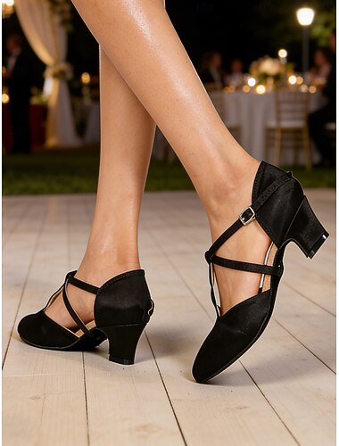  Svarta damskor i satin med korsremmar och klack, professionella ballroom-skor &skor för latinamerikansk träning och prestation