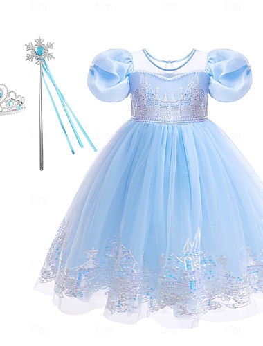  kirjaviikko 2026 lasten tyttöjen Frozen Elsa -prinsessapuvut yksivärinen lyhythihainen rento juhlamuoti söpö polyesteri kesä kevät 4 vuotta+ sininen