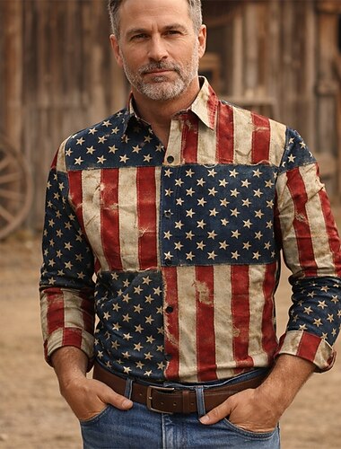  250e anniversaire des États-Unis Rétro Vintage Années 1970 Chemise Chemise Aloha Manches longues Hippie Géométrique Ethnique Déguisement Homme Mascarade 4 Juillet Soirée Jour de l'indépendance Adulte