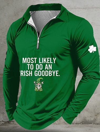  Camisas Polo Masculinas para o Dia de São Patrício Trevo Leprechaun Camisas de Zíper Manga Longa Camisas Polo Gola Casual Traje de Festival ao Ar Livre Impressão 3D Primavera Outono Preto Verde Claro