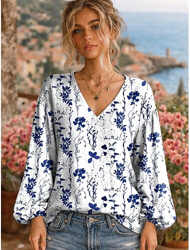  Kvindernes Boho Bluse Linned Lignende Åndbar Letvægts Blomstret Grafisk Elegant Bohemia Vintage Langærmet V Hals Almindelige Toppe Daglig Ferie Patchwork Knapper Print Blå Hvid Pink Lys Blå Sommer