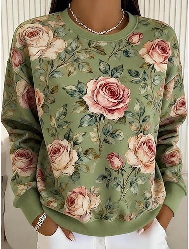  Damen Pullover Sweatshirt Blumen Lässig Langarm Rundhalsausschnitt Normale Oberteile Lässig Straße Alltagskleidung Rosa Grün Frühling Herbst Winter