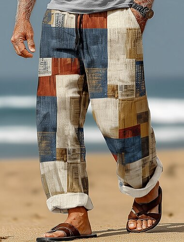  Homens Geométrica Bloco de cor Retalhos Calças Calça casual Calças largas Cintura Média Moda Casa Ao ar livre Férias Cintura elástica com cordão Calças de linho com bolsos Verão Primavera Impressão 3D