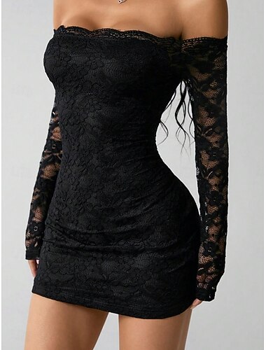  Damen Langes Kleid Maxikleid Minikleid schwarzes kleid Spitzenkleid Freizeitkleid Mode Romantisch Modern Täglich Urlaub Party Normale Passform Einfach Langarm Schulterfrei Schwarz Sommer Frühling