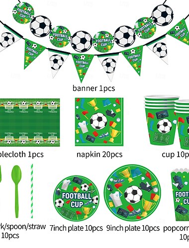  Wereldvoetbaltoernooi Verjaardagsfeest Voorraadset Voetbal Thema Feestdecoraties Inclusief Banner Borden Bekers Servetten en Tafelkleed voor Jongens Kinderen Sportthema Verjaardagsfeest