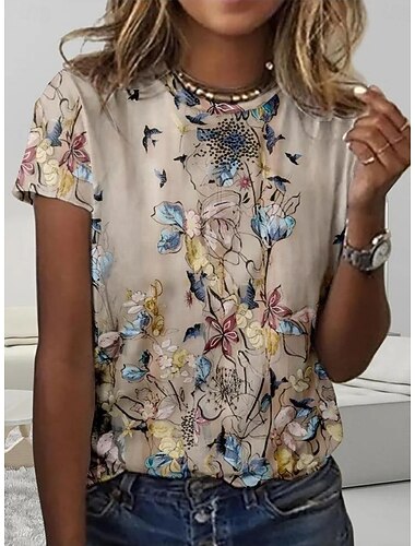  Per donna Maglietta Stampato Blocco di colori Elegante Classico Casual Manica Corta Girocollo Top Regolari Quotidiano Blu Giallo Cachi Estate Primavera Autunno Inverno