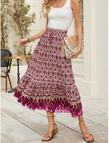  Damen Bohemien Vintage Mode Midi Hohe Taille Röcke Blumen Grafik Druck Dehnbar Täglich Straße Marineblau Fuchsie Sommer Viskose