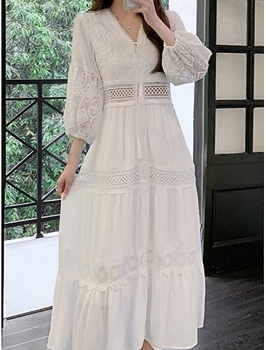  Dame Maxikjole Blonde kjole Hvit kjole Mote Moderne utendørs Feriereise Ut på byen Normal عادي Langermet V-hals Hvit Sommer Vår