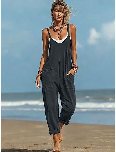  Dámské Běžný Kombinéza Aktivní Pevná barva Bez rukávů Do V Kapsy Denní Plážové Volný Černá Fialová Fialová Léto