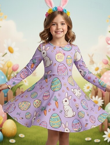  Ostern Mädchen' 3D Grafik Kaninchen Kleid Langarm 3D-Druck Frühling Herbst Täglich Urlaub Party Lässig Prinzessin Schön Kinder 4-12 Jahre Freizeitkleid A Linie Kleid Knielang Normale Passform
