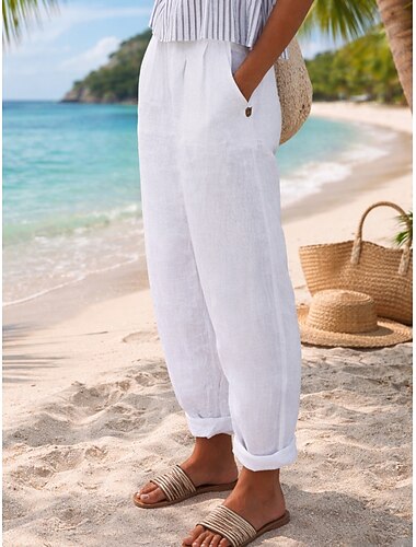 Femmes Pantalon en coton et lin Chinos Pantalon d'été Vacances Streetwear Basique Longueur complète Taille moyenne Uni Avec Poches Confortable Léger Respirant Non Elastique Quotidien Extérieur