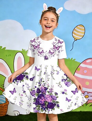  Pasqua ragazze' 3D Floreale Grafico Farfalla Abito Manica Corta Stampa 3D Estate Primavera Quotidiano Vacanza Feste Carino Essenziale Casual Bambini 4-12 Anni Vestito Casual Abito a trapezio