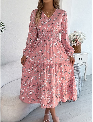  Damen Midikleid A Linie Kleid Lässig Täglich Normale Passform Blumen Grafik Langarm V Ausschnitt Rosa Wein Marineblau Sommer Frühling Herbst