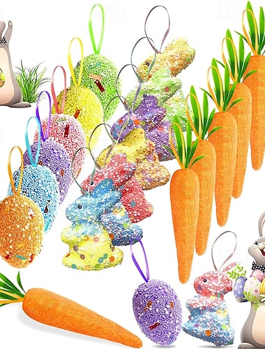  Conjunto de 18 enfeites de Páscoa em formato de ovo e cenoura, feitos com espuma colorida, incluindo coelhinhos, cenouras artificiais de espuma premium com glitter, perfeitas para decoração de