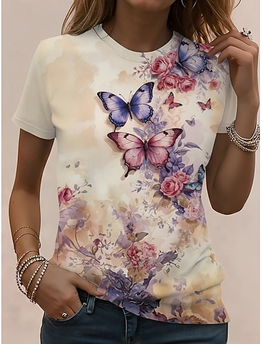  Femmes T-shirt Imprimé Graphique Animal ancien Élégant Classique Manche Courte Col ras du cou Col rond Hauts Réguliers Quotidien Week-end Jaune Vert Claire Arc-en-ciel Été Printemps Automne