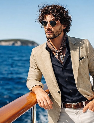  Homme Blazer en lin Manteau de sport Col cranté Mode Occasionnel Couleur Unie Blazer en lin Kaki foncé Bleu clair Coupe sur mesure à boutonnage simple à un bouton