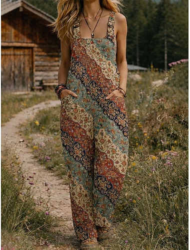  Damen 100% Baumwolle Latzhosen Aktive Blumen Ärmellos Ärmellos Weite Beine Quadrat Ausschnitt Tasche mit Tasche Täglich Strand Lockere Passform Pink Orange Grün Sommer