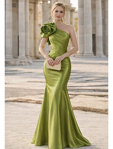  Meerjungfrauenschnitt Bodenlang Abendkleid Elegant Ärmellos Ein-Schulter Hochzeit Formell Stretch Satin mit 3D-Blumen