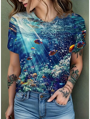  Dames T-shirt Afdrukken Oceaan Vintage Stijlvol Casual Korte mouw Strakke ronde hals Normale tops Dagelijks blauw Blozend Roze Licht Blauw Zomer Lente