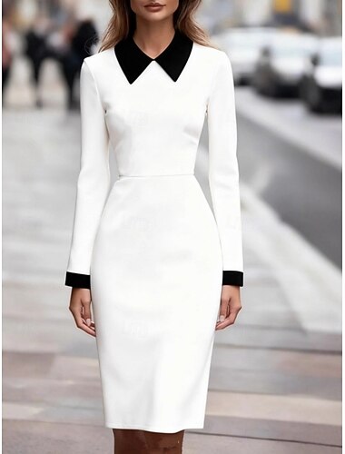  Mulheres Vestido no Joelho Vestido branco Vestido de formatura Vestido de turno Elegante Moda Moderno Ao ar livre Férias Para Noite Delgado Bloco de cor Manga Longa Colarinho de Camisa Preto Branco