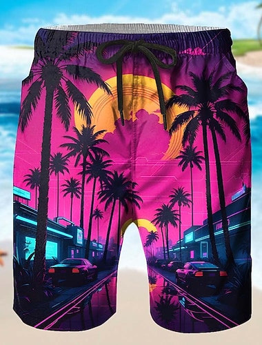  Herre Kokosnøttre Natur og landskap Tropiske planter Svette shorts Strandshorts Terry Shorts Medium Midje Hawaiisk Strandferie Snorer Elastisk midje 3D-utskrift Designer Klær