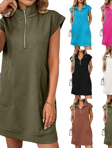  Damskie Sukienka mini Sukienka t-shirtowa Letnie sukienki Codzienny Codzienny Regularny Równina Krótki rękaw Klapa Niebieski Czarny Biały Fuksja Lato