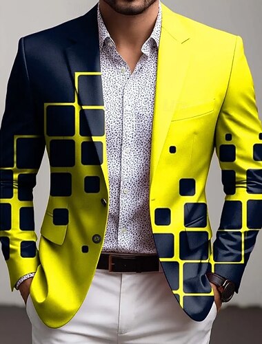  Herren Geometrisch Blazerjacke Mantel Mode Bequem Atmungsaktiv Künstlerisch Lässig Lässig Täglich Party-Abendmode 3D-Druck Knöpfe Mehrere Taschen Frühling Herbst Winter Fallendes Revers Langarm Gelb