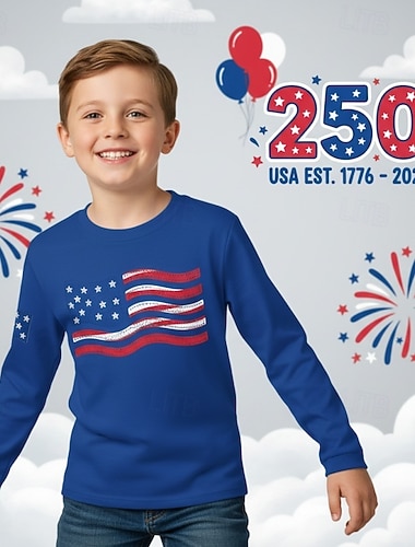  Unisex 3D Grafik Flagge 250-jähriges Jubiläum T-Shirt Langarm 3D-Druck Frühling Herbst Sport Mode Streetwear Kinder 4-12 Jahre Rundhalsausschnitt Lässig Täglich Outdoor Normale Passform