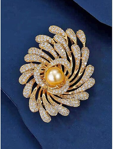  Broche de aleación para mujer con perla de imitación, colores dorado y plateado, elegante diseño de fuegos artificiales en espiral, perfecto para bodas y cenas formales.
