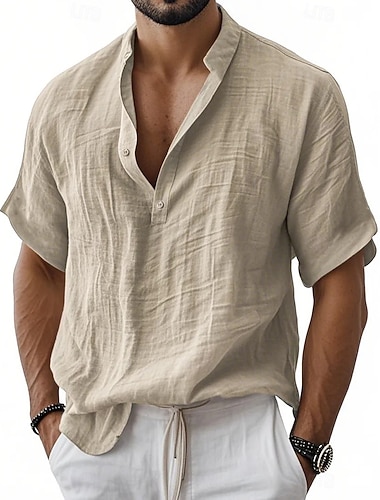  Herren Hemd Leinenhemd Popover-Hemd Sommerhemd Strandbekleidung Einfarbig Urlaub Straße Blau Schwarz Weiß Marineblau Kurzarm Hemdkragen Sommer Frühling Bekleidung