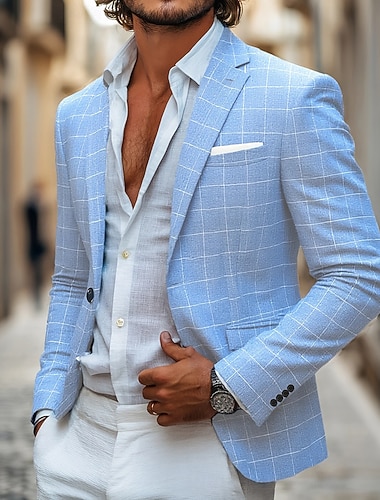 Herren Blazer Leichter Mantel Lässig Täglich Strand Elegant Mode Sommer Frühling POLY Karomuster Karo Leicht Kariert Lässig / Alltäglich Einreihig Ein-Knopf Blazer Blau Rosa