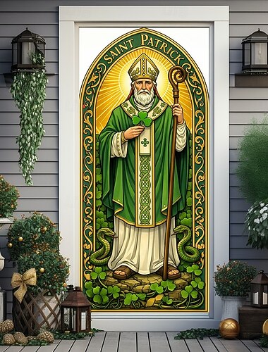  Cubierta de puerta del Día de San Patricio con ilustraciones de San Patricio con tréboles y diseño celta, perfecta para la decoración festiva del hogar y la decoración de fiestas navideñas.