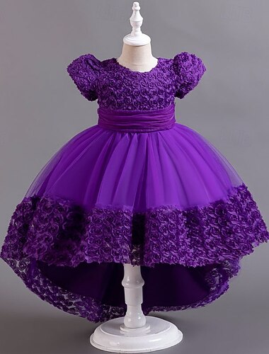  Brudnäbbsklänning Flickor Högtidlig klänning Bröllopskläder Fest Bröllop Formell Förtjusande Prinsessa Ljuv Lappverk Nät Ensfärgat Kort ärm Rund hals Rodnande Rosa Rubinrött 4 år +