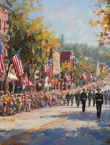  patriotisk veggkunst digitalt oljemaleri, vintage USA parade scene