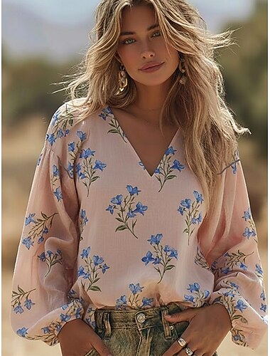  Γυναικεία Μπλούζα Λινός Όπως Αναπνεύσιμη Ελαφριά Λουλούδι Γραφικό Κομψό Bohemia Vintage Μακριά Μανίκια V Λαιμό Κανονικά Τοπ Καθημερινή Διακοπών Μωσαϊκό Εκτύπωση Μπλε Μαύρο Ροζ Πράσινο Καλοκαίρι Άνοιξη