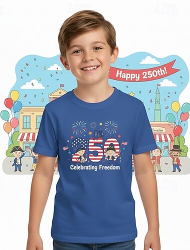  100% katoen Kinderen Jongens blauw Zwart Wit Grafisch Adelaar 250-jarig jubileum T-shirt Blouse Strakke ronde hals Korte mouw Buiten Dagelijks gebruik Modieus Streetwear Ontwerper Opdrukken Zomer