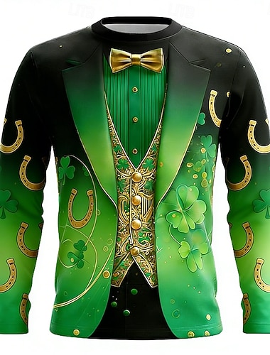  St. Patricks Day Herren Langarm T-Shirt Shamrock Falsches Tuxedo Lustiges Grün Gold Tee Party Oberteil Kleidung Bekleidung S M L XL XXL XXXL