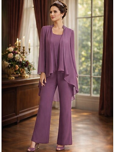  Buksedrakt Gulvlengde Kjole til brudens mor Langermet Besmykket Elegant Enkel Bryllupsgjest Formell kveld Bryllupsfest Chiffon med Ensfarget