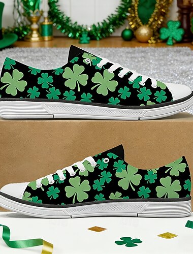  Dames sneakers met klavertje vier print voor St. Patrick's Day – klassieke casual canvas veterschoenen voor tieners en volwassenen, perfect voor streetwear, school en feestelijke gelegenheden.