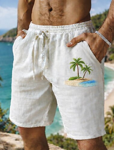 Homens Calção Shorts de linho Shorts de verão Shorts de praia Com Cordão Cintura elástica Gráfico Coqueiro Leve Respirável Comprimento do joelho Casual Diário Praia Férias Havaiana Azul Preto Sem